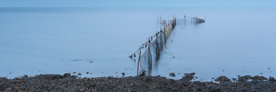 Een fuik langs de waddendijk bij avondlicht.